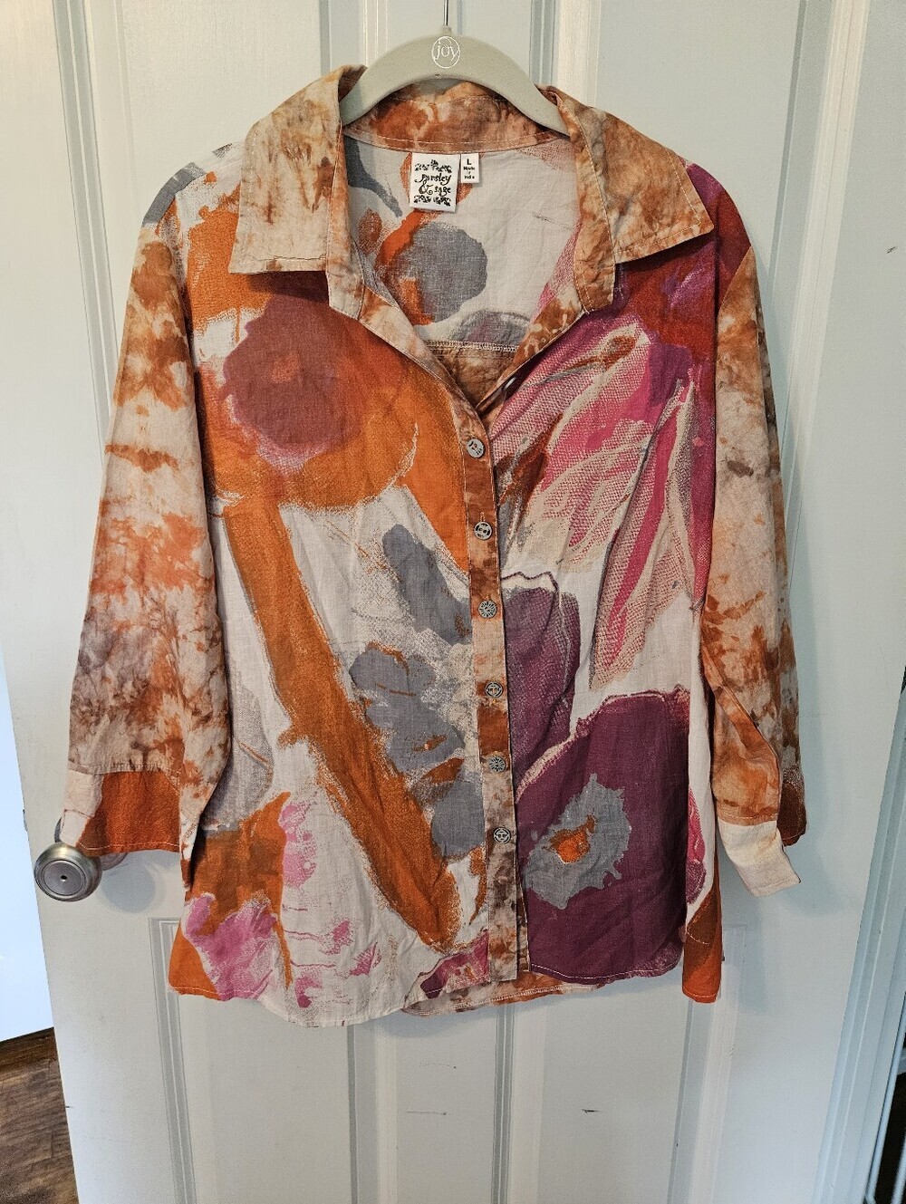 Parsley & Sage Abstract Floral Button-Up Shirt in Orange, Purple & Gray